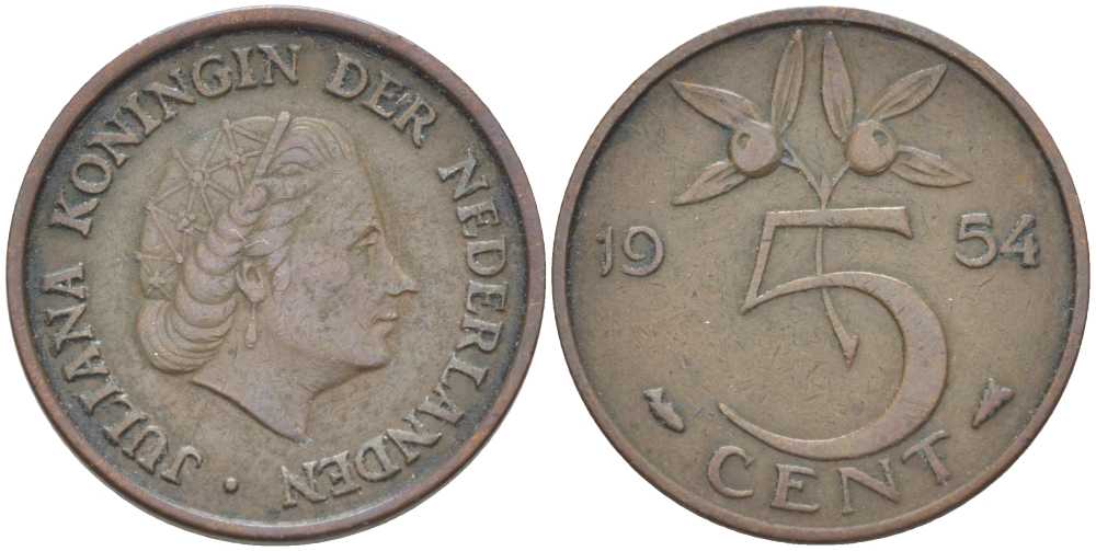 НИДЕРЛАНДЫ 5 ЦЕНТОВ 1954 ЮЛИАНА (1948-1980) KM 181 бронза 213-1022