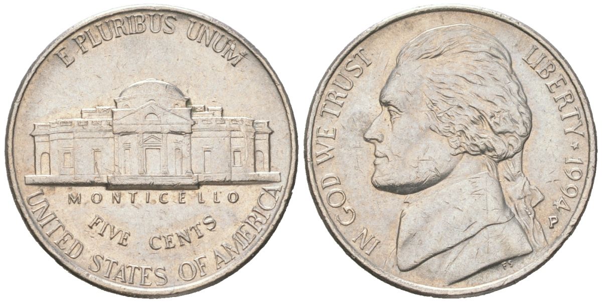 США 5 центов 1994 P, Джефферсон KM A192 медно-никель 192-1052