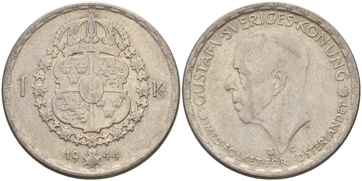 Швеция 1 крона 1944 G, Густав V (1907-1950) KM 814 серебро 4148-1016