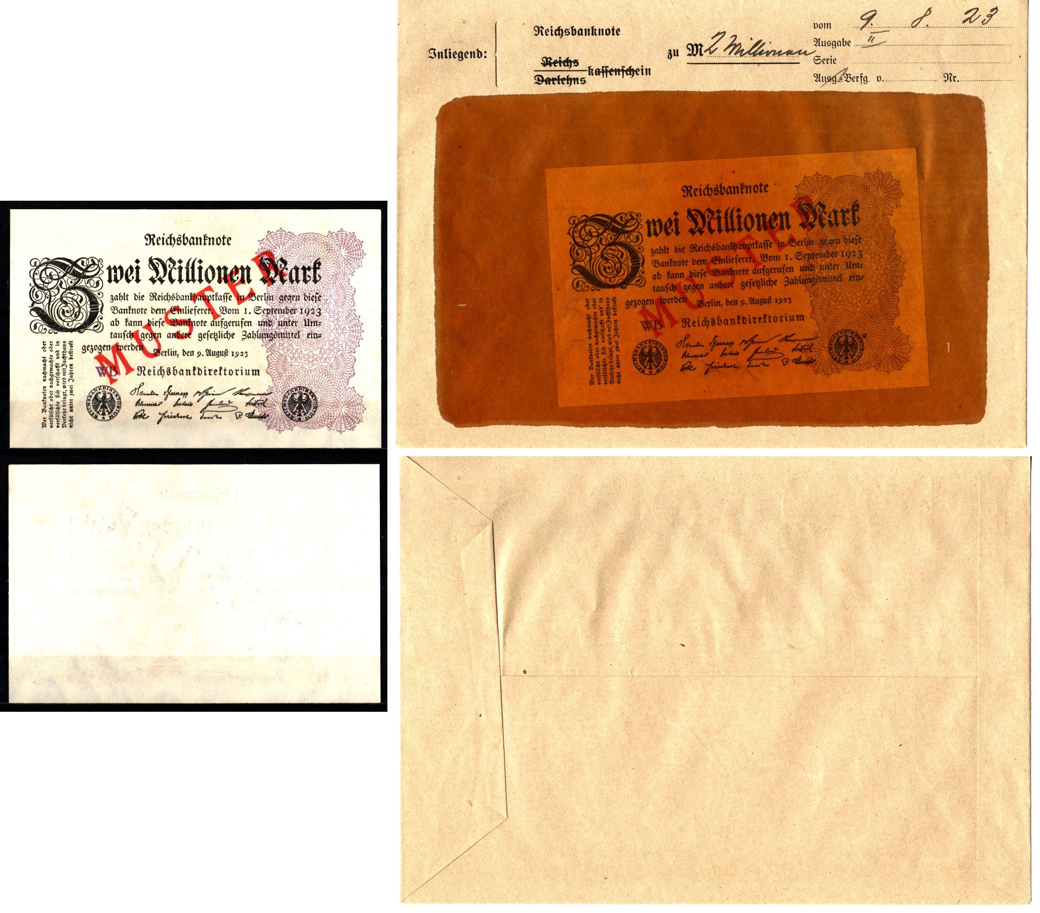 Германия 2000000 марок 1923 фиолетовый, орнамент, 9 августа, MUSTER, образец, Specimen. В оригинальном банковском конверте. Из коллекции Отто Сейфферта (помощник Ялмара Шахта - министра экономики Германии и президента Рейхсбанка времен третьего рейха) Pic