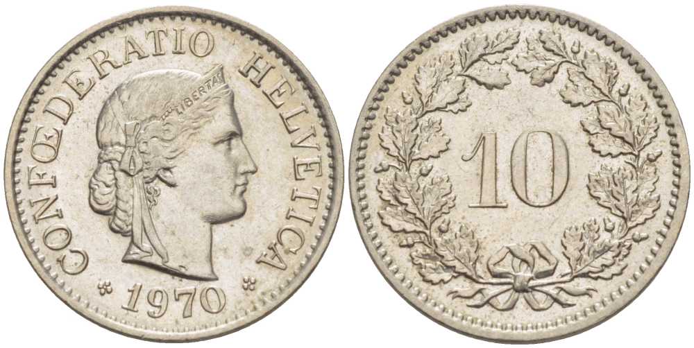 Швейцария 10 раппенов 1970 KM 27 медно-никель 99-1215