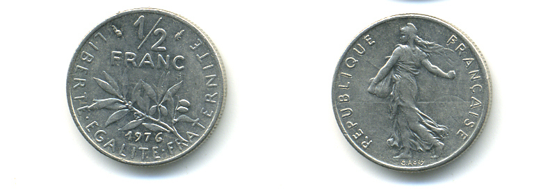 ФРАНЦИЯ 1/2 ФРАНКА 1976 СЕЯТЕЛЬ KM 931.1, LE FRANC 198.15 никель 86-1754