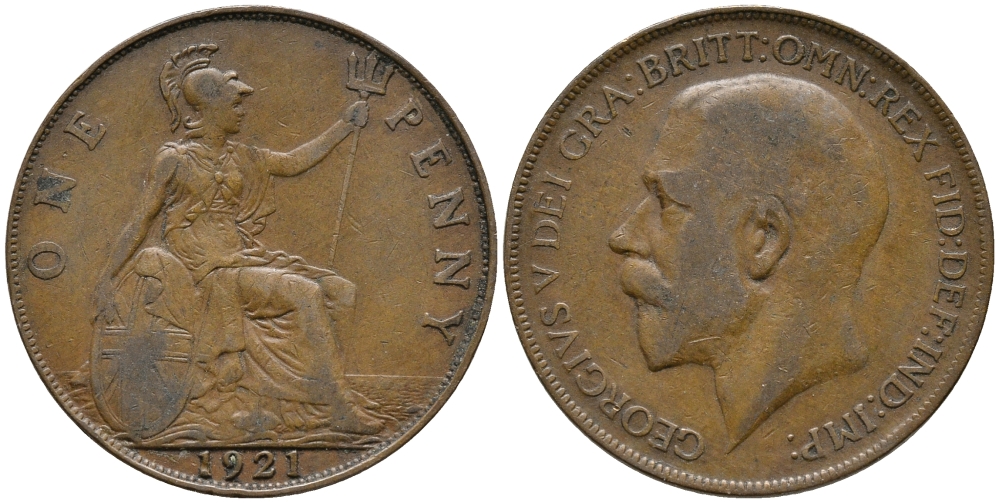 Великобритания 1 пенни 1921 Георг V (1910-1936) KM 810, Spink 4051 бронза 32-841