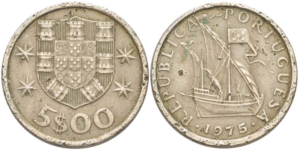 ПОРТУГАЛИЯ 5 ЭСКУДО 1975 ПАРУСНИК KM 591 медно-никель 4523-545