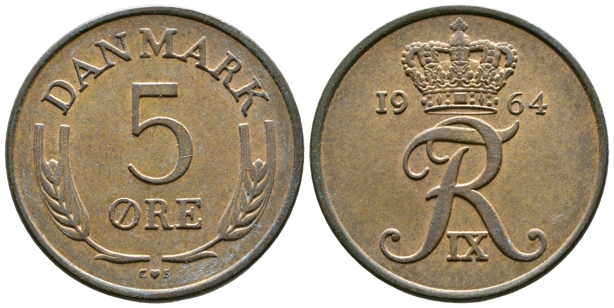 ДАНИЯ 5 ЭРЕ 1964 C; S, ФРЕДЕРИК IX (1947-1972) KM 848.1 бронза 89-1745