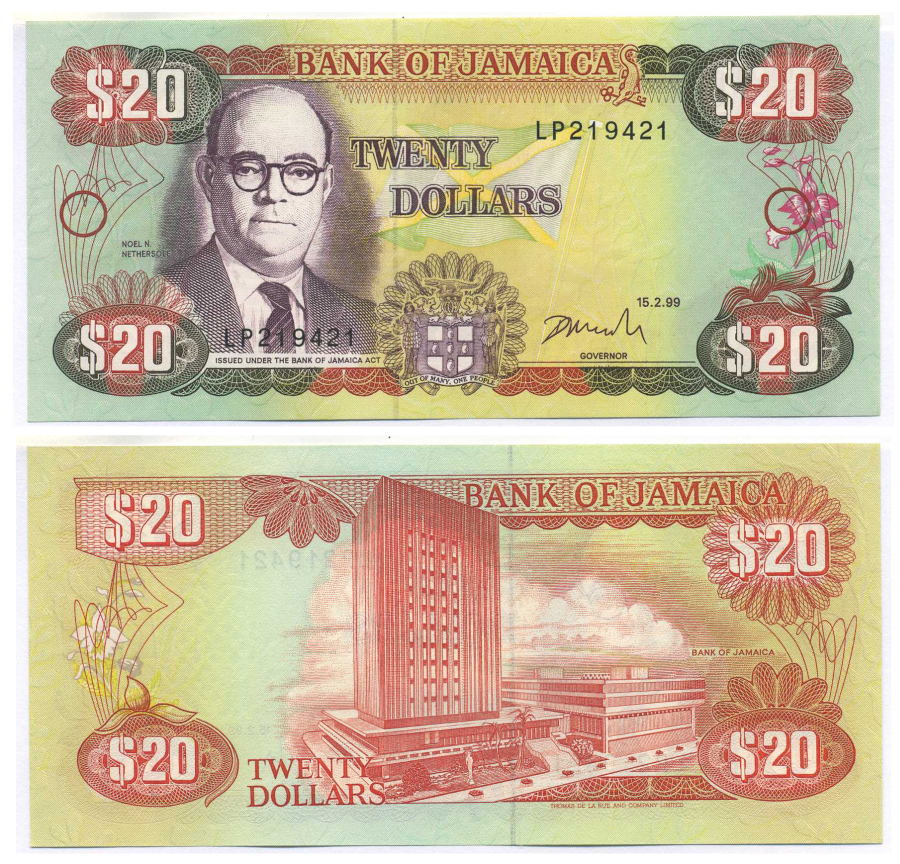 ЯМАЙКА 20 ДОЛЛАРОВ 1999 15 ФЕВРАЛЯ 1999, НОЕЛ НЕТИРЗОЛЕ, ЗДАНИЕ ГОСБАНКА, ПОДПИСЬ 13 Pick 72g бумага UNC (ПРЕСС) 8588-81-1-2
