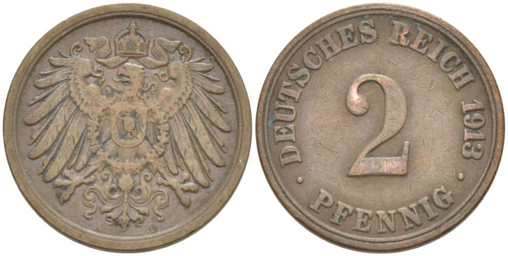 Германия 2 пфеннига 1913 A KM 16, J. 11, Weege 4 медь 212-415