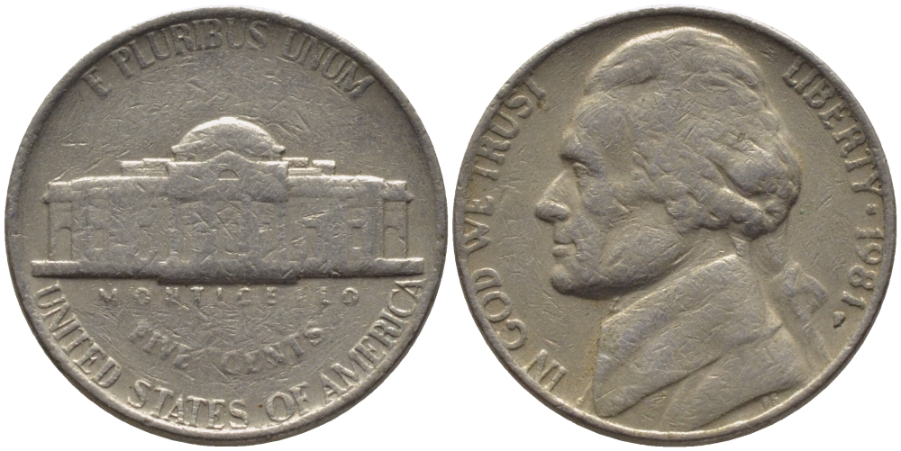 США 5 ЦЕНТОВ 1981 P, ДЖЕФФЕРСОН KM А192 медно-никель 31-643