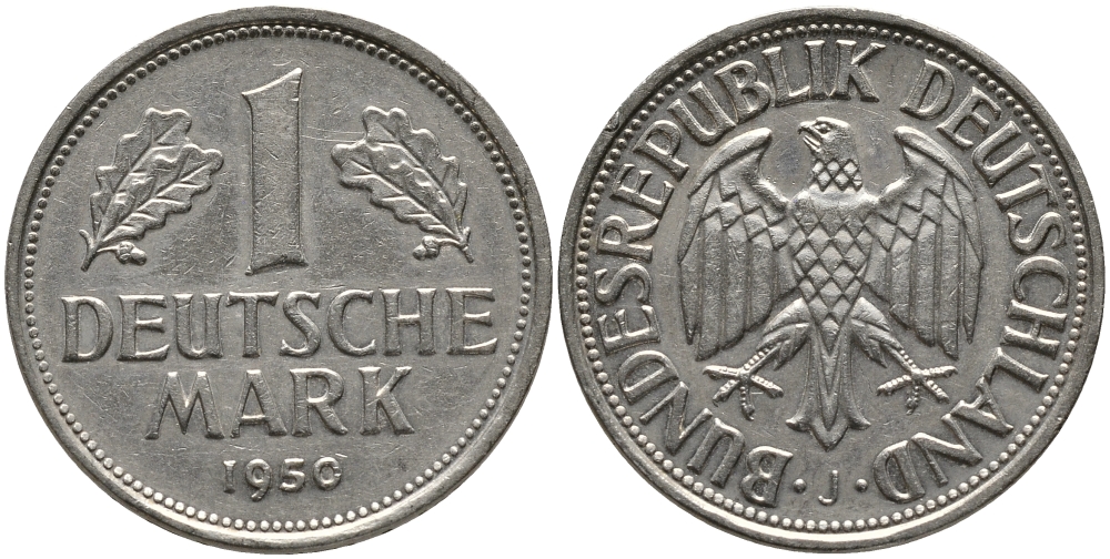 ФРГ 1 марка 1950 J, KM 110, J. 385 медно-никель 51-824