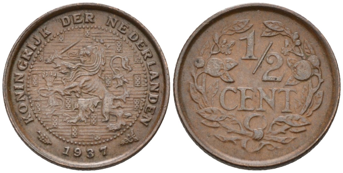 Нидерланды 1/2 цента 1937 Вильгельмина (1890-1948) KM 138 бронза 4576-423
