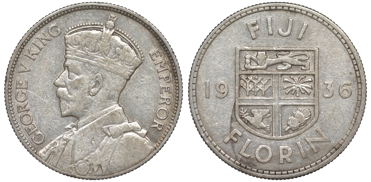 Фиджи 1 флорин 1936 Георг V (1910-1936), герб Фиджи KM 5 серебро    1531-943
