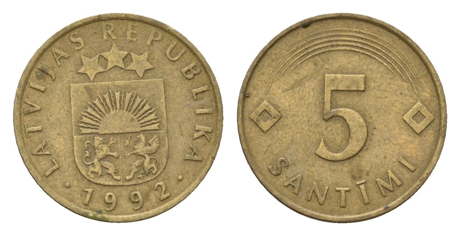 Латвия 5 сантимов 1992 KM 16 никель латунь 105-623