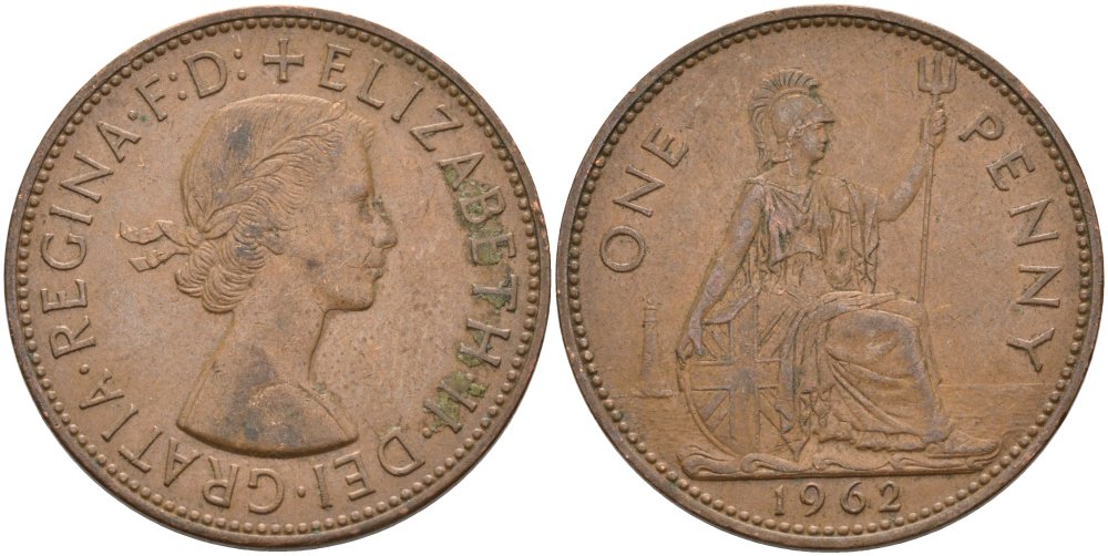 Великобритания 1 пенни 1962 Елизавета II (1952-2022) KM 897, Spink 4157 бронза 4574-213