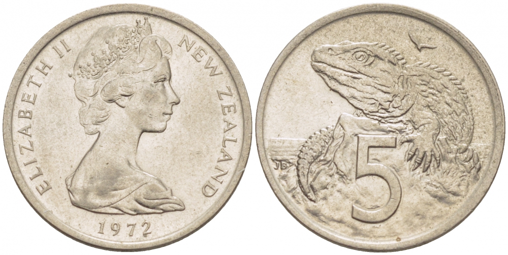 Новая Зеландия 5 центов 1972 Елизавета II (1952-2022), ящерица гаттерия KM 34.1 медно-никель 3851-1056