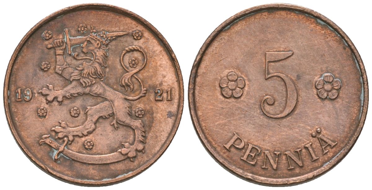 Финляндия 5 пенни 1921 KM 22 медь 4174-353