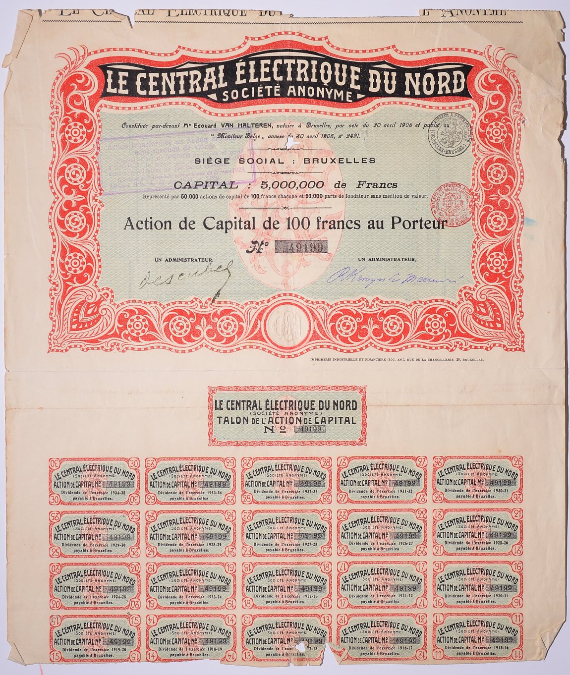 Бельгия, Брюссель акция в 100 франков 1905 LE CENTRAL ELECTRIQUE DU NORD, с купонами   бумага   5547-17-1-1