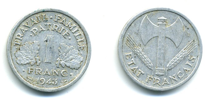 ФРАНЦИЯ 1 ФРАНК 1943 LB, ТИП LEGERE, ПРАВИТЕЛЬСТВО ВИШИ KM 902.1, LE FRANC 223.3 алюминий 84-237