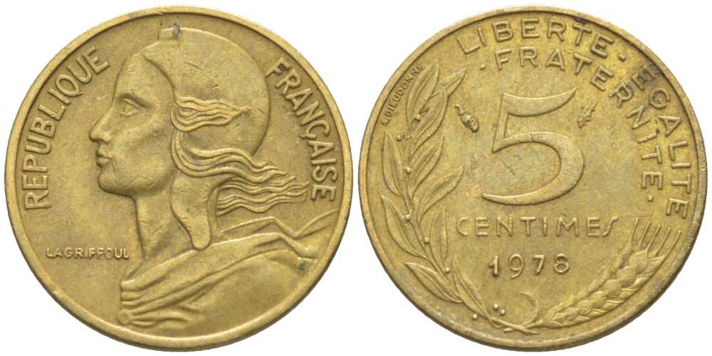 ФРАНЦИЯ 5 САНТИМОВ 1978 ТИП MARIANNE KM 933, LE FRANC 125.14 медь алюминий никель 116-446