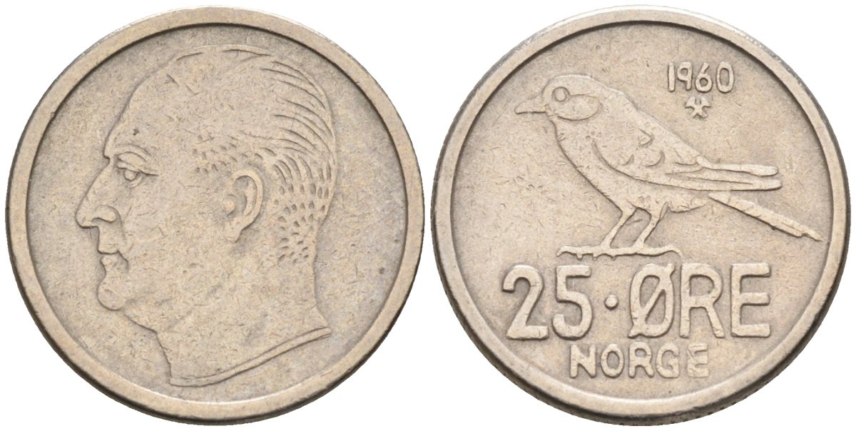 Норвегия 25 эре 1960 Улаф V (1958-1991), синица KM 407 медно-никель 4580-1029