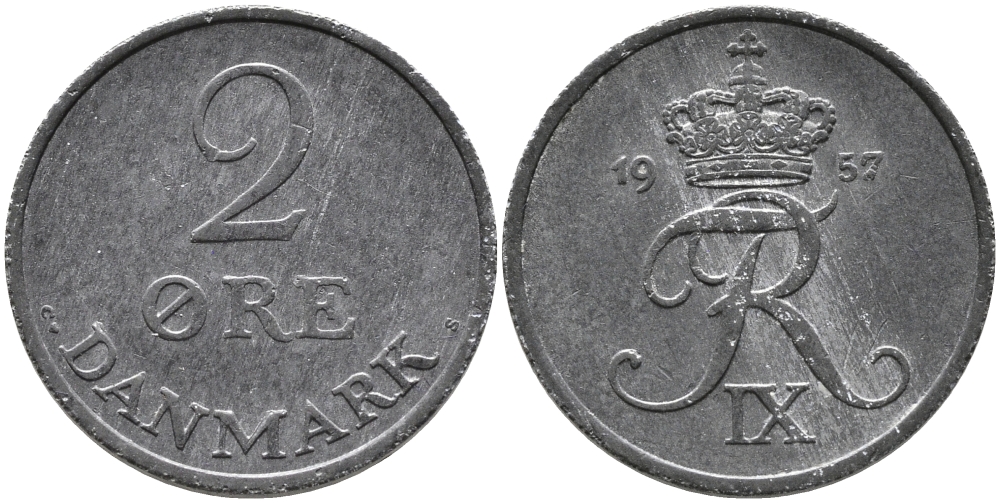 ДАНИЯ 2 ЭРЕ 1957 C; S, ФРЕДЕРИК IX (1947-1972) KM 840.2 цинк 28-1036