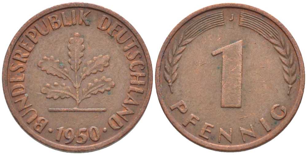 ФРГ 1 ПФЕННИГ 1950 J KM 105, J. 380 сталь плакированная медью 116-341