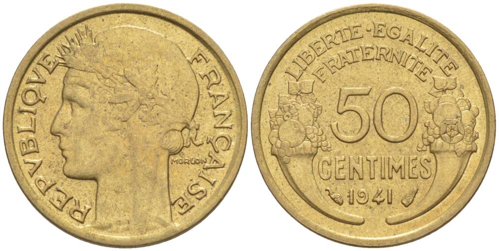 ФРАНЦИЯ 50 САНТИМОВ 1941 ТИП MORLON KM 894.1, LE FRANC 192.18 алюминиевая бронза 44-443