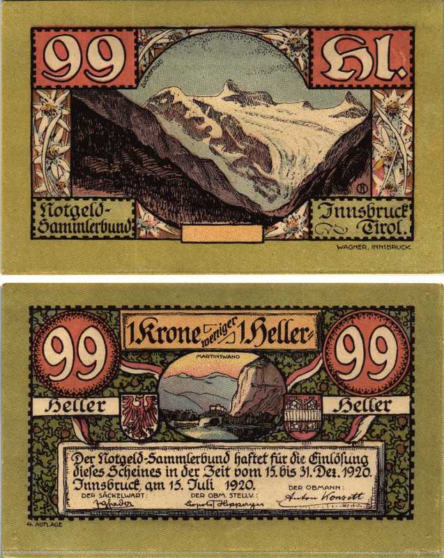 ИНСБРУК 99 ГЕЛЛЕРОВ (1 КРОНА БЕЗ 1 ГЕЛЛЕРА) 1920 НОТГЕЛЬД, 15-31 ДЕКАБРЯ 1920, ЗЕМЛЯ ТИРОЛЬ бумага 7205-33-3-1