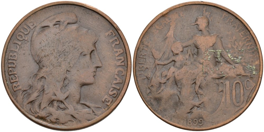 Франция 10 сантимов 1899 тип DANIEL-DUPUIS KM 843, Le Franc 136.8 бронза 4574-442