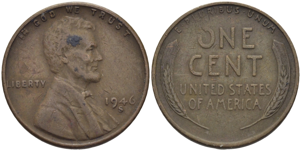 США 1 ЦЕНТ 1946 S, ЛИНКОЛЬН KM А132 медь цинк 26-946