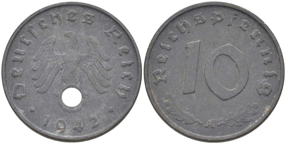 ГЕРМАНИЯ 10 РЕЙХСПФЕННИГОВ 1942 A KM 101, J. 371 цинк 212-726