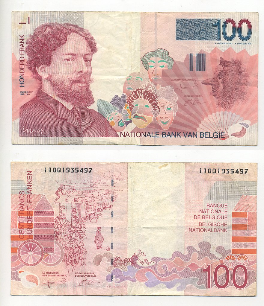 БЕЛЬГИЯ 100 ФРАНКОВ 1995-2001 ПОДПИСЬ (5 И 15), ХУДОЖНИК ДЖЕЙМС ЭНСОР Pick 147 бумага 7203-48-3