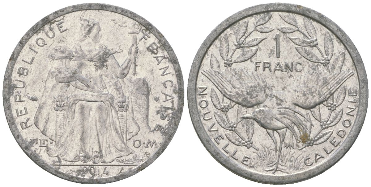 Французская Новая Каледония 1 франк 2014 птица кагу, (IEOM) KM 10, Schoen 10 алюминий 31-1127