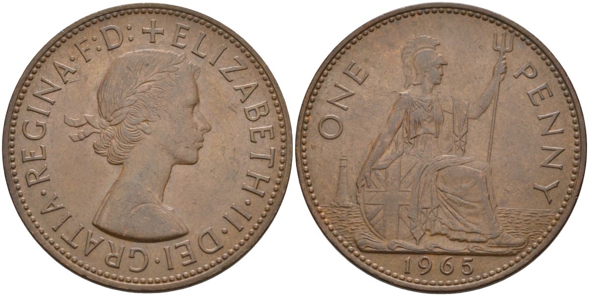 Великобритания 1 пенни 1965 Елизавета II (1952-2022) КМ 897, Spink 4157 бронза 4149-823