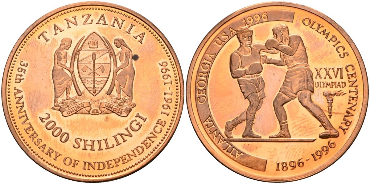 Танзания 2000 шиллингов 1996 XXVI Олимпийские игры 1996 года в Атланте, 100 лет Олимпейскому движению, бокс, пробник, гладкий гурт медь PROOF 04-324-44