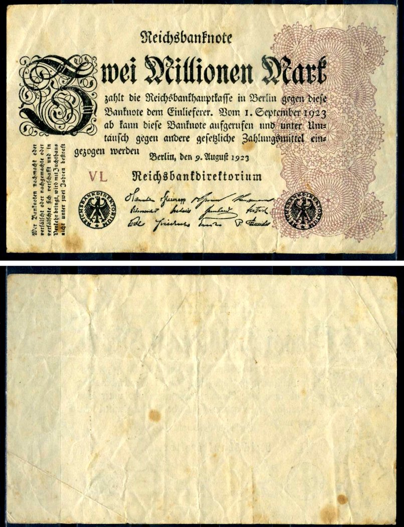 Германия 2000000 марок 1923 9 августа 1923, серия VL Pick 104 c бумага 7553-38-1-2
