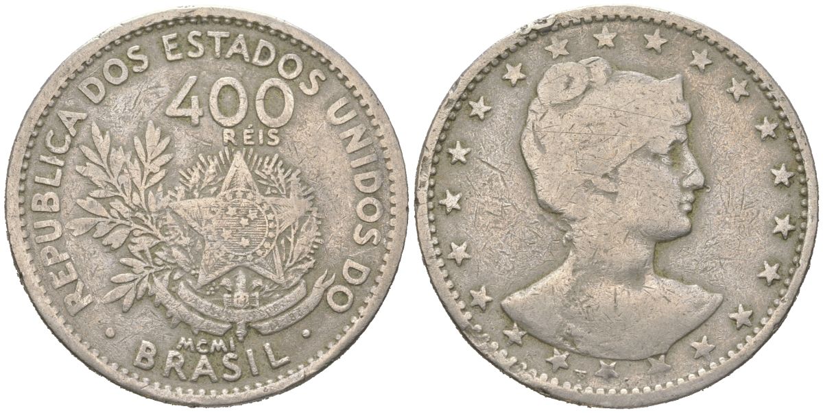 Бразилия 400 реалов 1901 MCMI, голова свободы вправо KM 505 медно-никель 4612-432