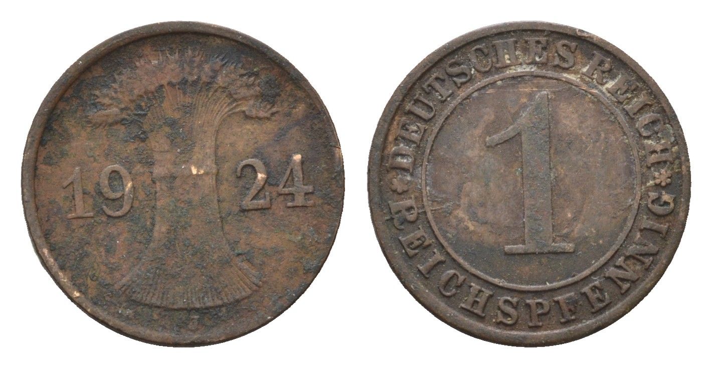 Германия 1 рейхспфенниг 1924 J KM 37, J.313 бронза 4684-1131