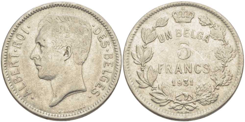 БЕЛЬГИЯ 5 ФРАНКОВ 1931 АЛЬБЕРТ I, DES BELGES KM 97.1 никель 3851-144