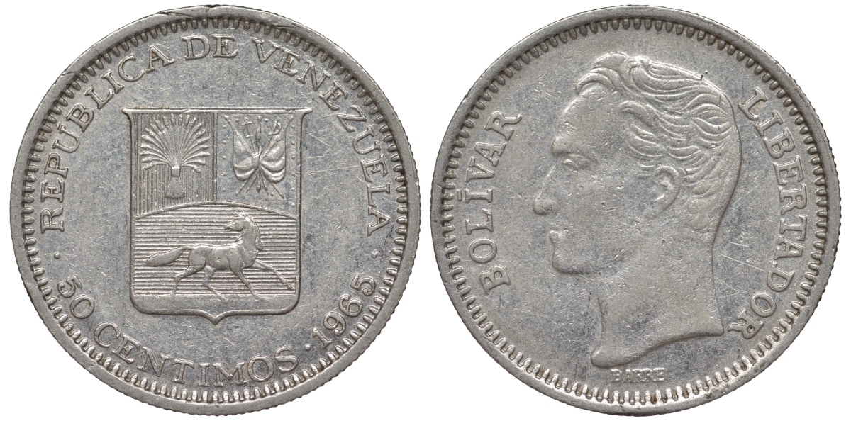 Венесуэла 50 сентимо 1965 Симон Боливар KM 41, Schon 51 никель 4596-434