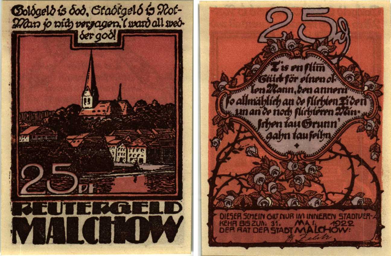 МАЛЬХОВ 25 ПФЕННИГОВ 1922 НОТГЕЛЬД, 1922 - 31 МАЯ 1922, ЗЕМЛЯ МЕКЛЕНБУРГ-ПЕРЕДНЯЯ ПОМЕРАНИЯ Grabowski 863.1 бумага 6318-47-3-2