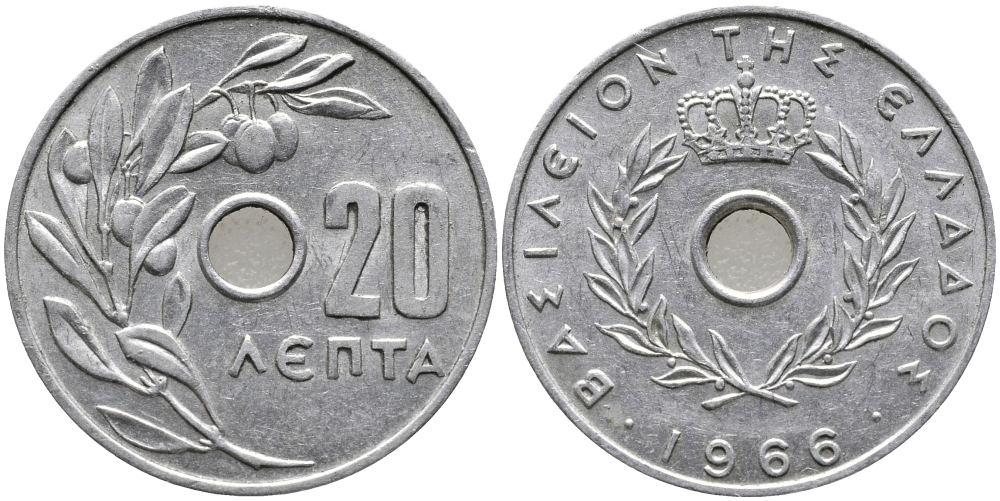 Греция 20 лепта 1966 Константин II (1964-1974), оливковая ветвь KM 79 алюминий 24-1256