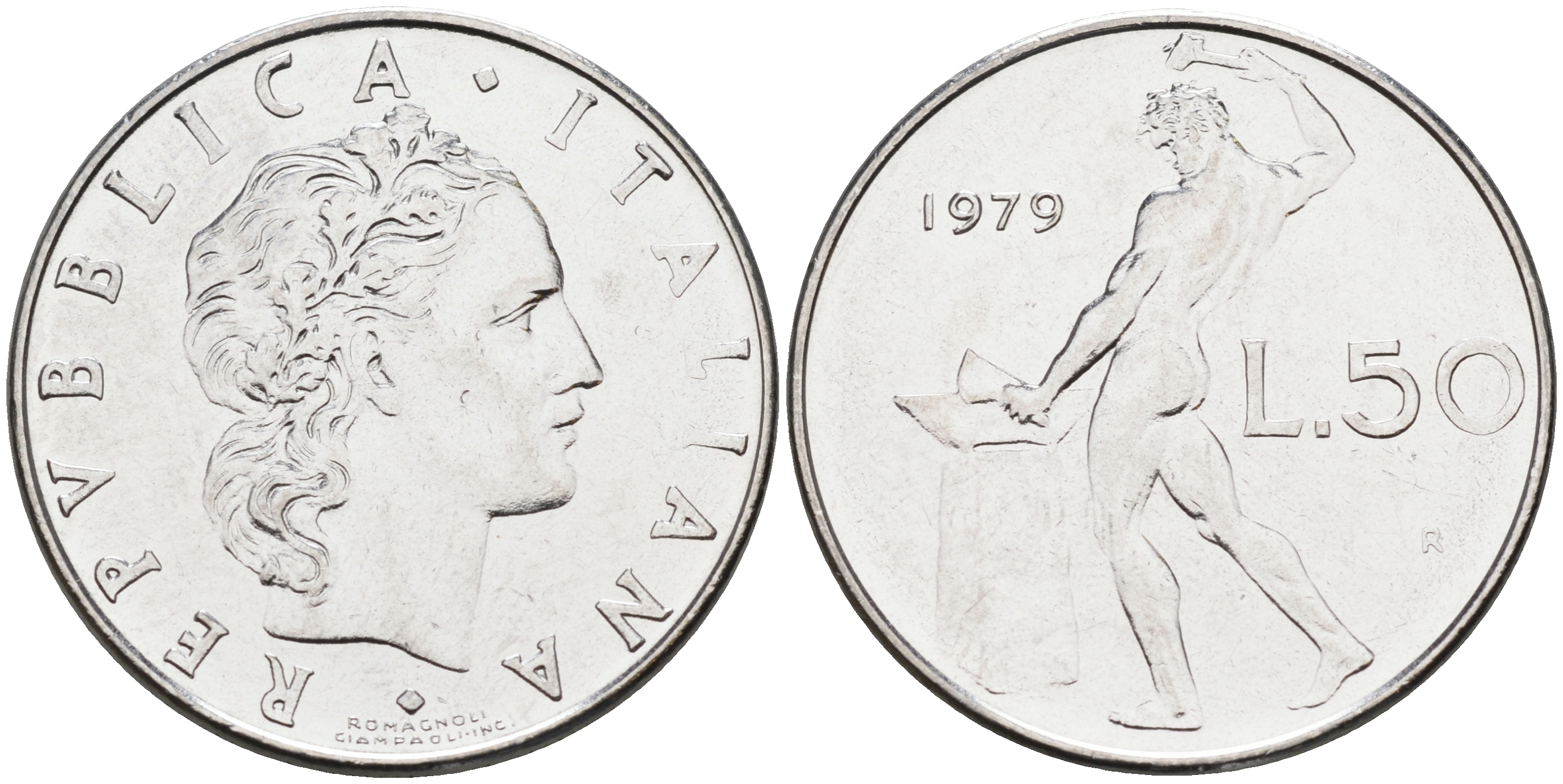 Италия 50 лир 1979 R, бог огня Вулкан у наковальни KM 95.1 нержавеющая сталь 4116-353