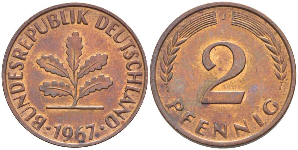ФРГ 2 ПФЕННИГА 1967 D KM 106, J. 381 бронза 116-324