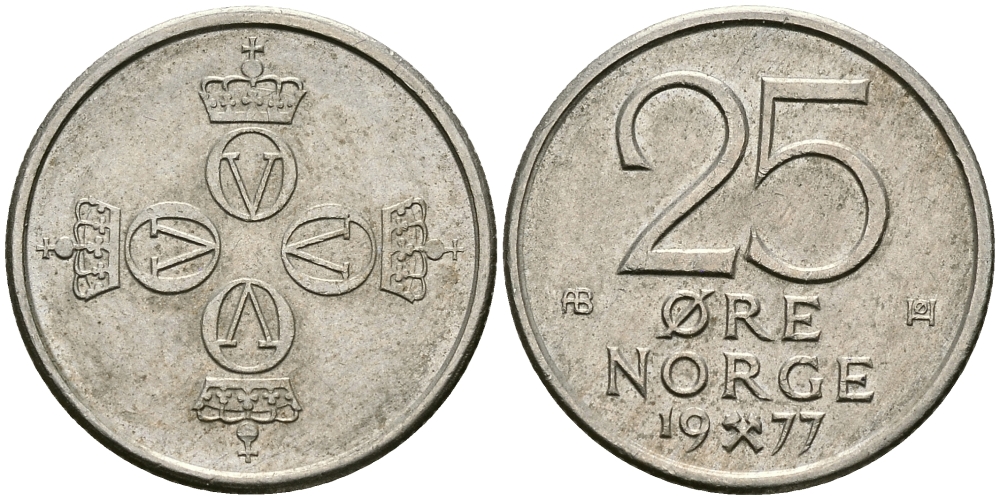 Норвегия 25 эре 1977 Улаф V (1958-1991) KM 417 медно-никель 84-1565