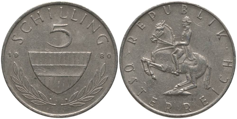 АВСТРИЯ 5 ШИЛЛИНГОВ 1980 KM 2889а медно-никель 181-225