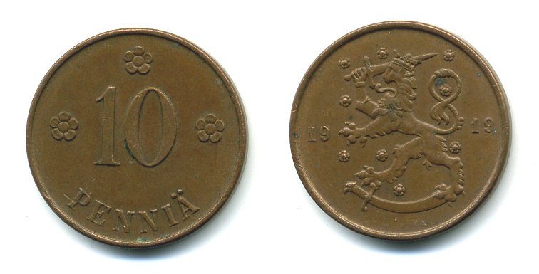 Финляндия 10 пенни 1919 KM 24 медь 41-232