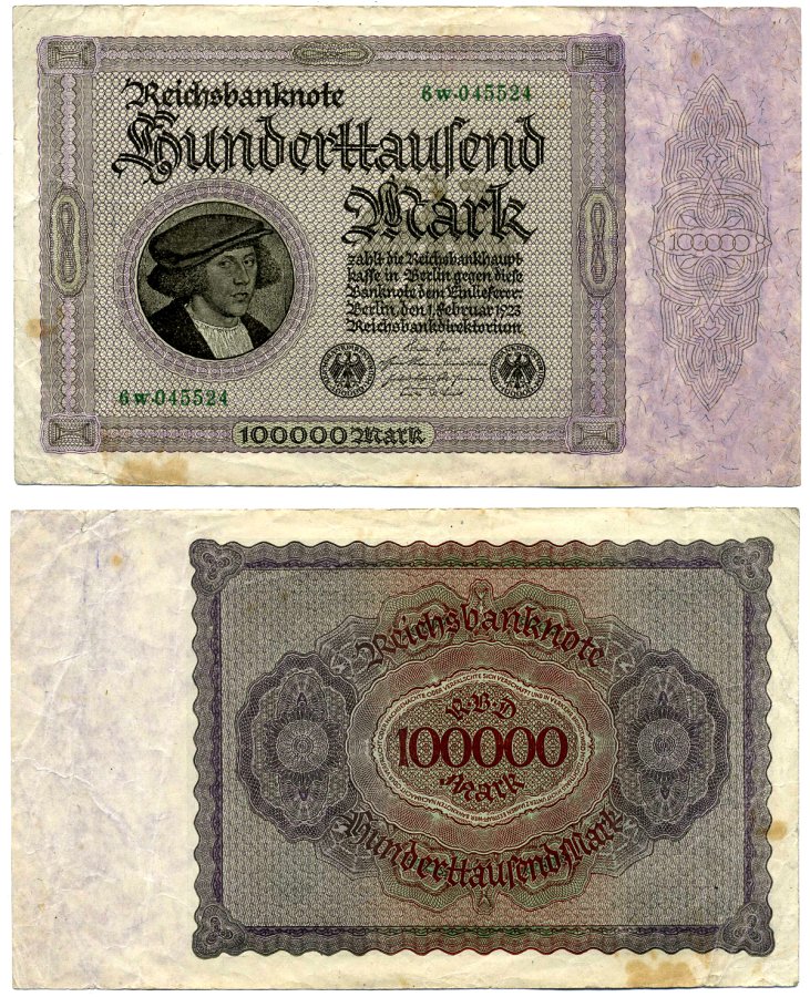 Германия 100000 марок 1923 1 февраля 1923, выпуск (март 1923-5 июля 1925), номер шестизначный, серия 6W 045524 Pick 83, Розенберг 82d бумага 8564-27-2-2