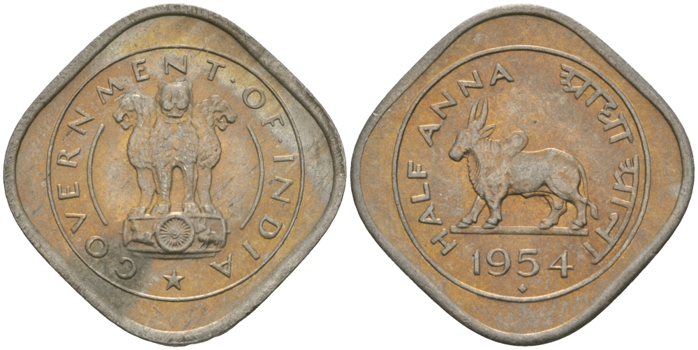 Индия 1/2 анна 1954 KM 2.2 медно-никель UNC 33-1216