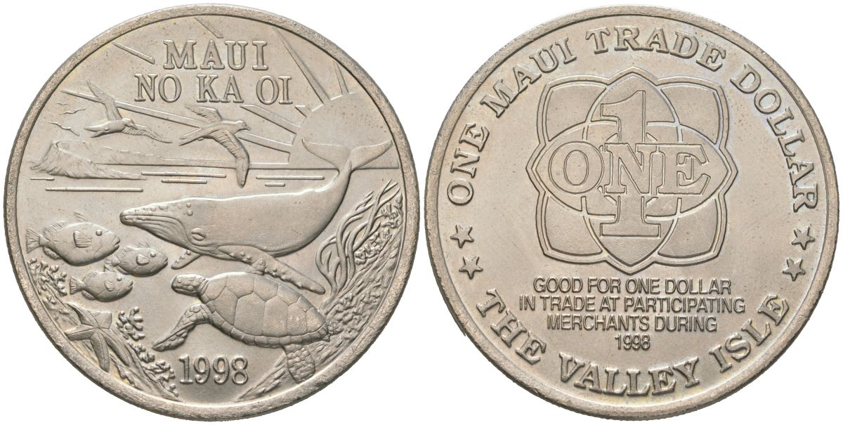 Остров Мауи (Гавайские острова) 1 доллар 1998 торговый доллар, Дельфины медно-никель UNC 4558-415