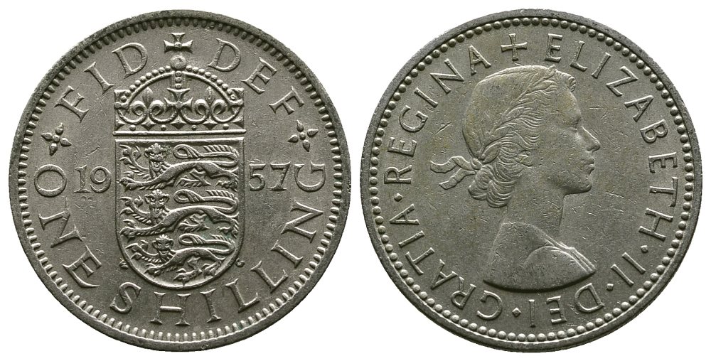 Великобритания 1 шиллинг 1957 Елизавета II (1952-2022), Английский герб KM 904, Spink 4147 медно-никель 4384-351